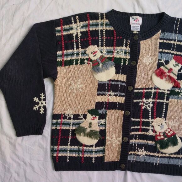Vintage Nutcracker Christmas Holiday Party Cardigan Sweater Navy Snowmen Size L - Picture 3 of 15